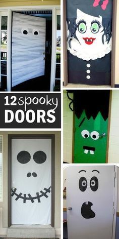 several pictures of different door decorations with words spooky doors