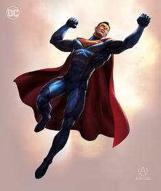 an artist's rendering of superman flying through the air with his arms outstretched in triumph