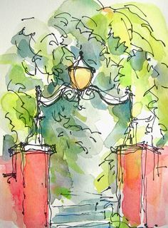 watercolor and ink drawing of a street light in front of a tree with green leaves