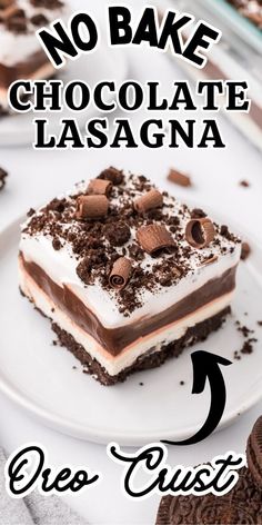 no bake chocolate lasagna on a white plate with oreo crusts