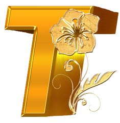 the letter t is made up of gold flowers and swirly vines on it's sides