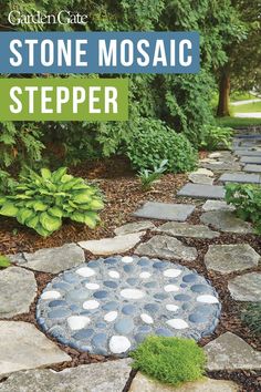 Stone mosaic paver at the end of a pathway Homemade Stepping Stones, Plastic Lawn Edging, Paver Sand, Garden Walkways, Stone Walkways, Mexican Beach Pebbles, Garden Pathways, Mosaic Stepping Stones, Drawing Scenery