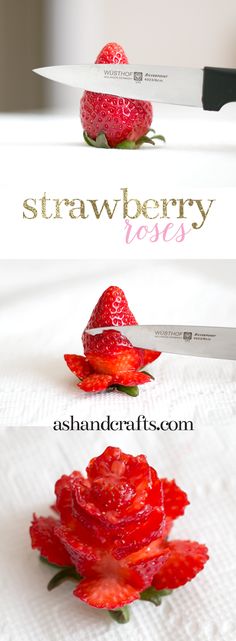 strawberries cut in half and placed on top of each other with the words strawberry rose