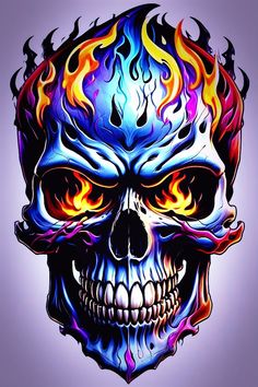 a colorful skull with flames on it's face