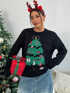 Christmas Lovely Christmas Tree Design Comfortable Versatile Women Sweater, Christmas Gift Black Casual  Wrist-Length Sleeve Fabric Animal,Christmas Pullovers Slight Stretch  Women Clothing, size features are:Bust: ,Length: ,Sleeve Length: Black Baby Boys, Christmas Clothes, Animal Christmas, Christmas Tree Design, Fabric Animals, Women Sweater, Tree Design, Girls Denim, Girl Falling