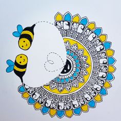 a drawing of two bees sitting on top of each other in the shape of a sun