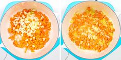 two pictures showing the process of cooking carrots and onions in a pot on top of a counter