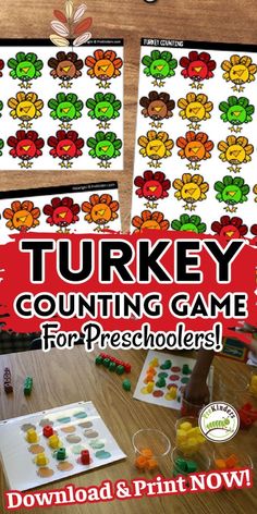 turkey counting game for preschoolers with free printables on the front and back