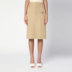 Beige cotton canvas midi skirt from Bottega Veneta featuring a front button and hook fastening, belt loops, a front slit, a front button pocket, a back welt pocket and a back slit. Leather Moccasins, Tshirt Skirt, Boot Pumps, Flat Sneakers, Slingback Pump, Shirt Skirt, Jean Skirt, Pump Shoes, Welt Pocket