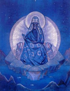 an image of the virgin mary sitting on top of a mountain with mountains in the background