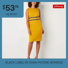 Create a sleek, classic look when wearing this sleeveless sheath dress from Black Label by Evan-Picone. This women's crew neck dress is made from a warm gold fabric with blue stripes at the waist and is cut in a knee-length with a back split for easy movement and a concealed back zip closure. Pair with the matching suit jacket for a complete look.Closure Type: ZipperNeckline: Crew NeckSleeve Length: SleevelessApparel Length: 39.75 InchesDress Length: Knee LengthFiber Content: 100% PolyesterFabr… Bodycon Sleeveless Dress For Spring Workwear, Spring Bodycon Sleeveless Dress For Work, Summer Sleeveless Dress For Office, Spring Sleeveless Office Bodycon Dress, Spring Sleeveless Bodycon Office Dress, Sleeveless Bodycon Dress For Office In Summer, Spring Sleeveless Bodycon Dress For Office, Sleeveless Summer Bodycon Office Dress, Sleeveless Bodycon Dress For Summer Office Wear