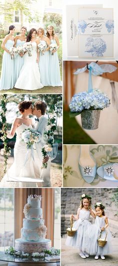 a collage of photos with blue and white wedding colors