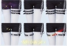 four different views of the same woman's shorts with laces and chains on them