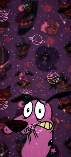 an image of a cartoon character in space with planets and stars on the wall behind him