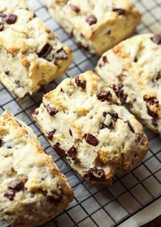 freshly baked scones on a cooling rack with raisins and chocolate chips in them