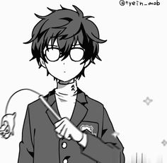 a black and white drawing of a boy with glasses holding a wand in his hand