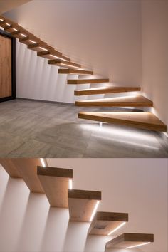 Profilés LED sur-mesure, encastrés sous chaque marche pour un bel éclairage indirect. Floating Stair Lighting, Winder Stairs, Open Trap, Contemporary Stairs, Floating Stairs, Floating Staircase, Architecture Art Design, Stair Lighting, Indirect Lighting