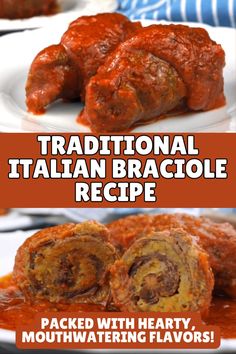 some meatballs on a white plate with red sauce and the words traditional italian bake recipe