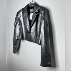 New With Tags Metallic Silver Cropped Blazer Women’s Us Sz 14 Men’s Sz M/L True To Size Casual Cropped Jacket For Spring Party, Casual Spring Cropped Jacket For Party, Casual Fitted Cropped Jacket For Night Out, Fitted Casual Cropped Jacket For Night Out, Cropped Blazer For Fall Party, Winter Metallic Long Sleeve Blazer, Chic Long Sleeve Metallic Blazer, Glamorous Metallic Long Sleeve Blazer, Silver Cropped Jacket