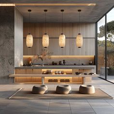 a modern kitchen with wooden cabinets and stools on the floor, along with large windows