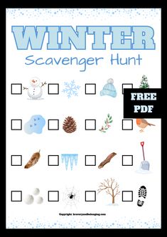 a winter scavenger hunt with snowmen, trees and other things on it