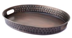 an oval metal tray with holes in the middle and handles on each side, set against a white background