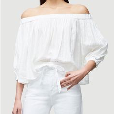 Details Frame Embroidered Top In Linen. Off-The-Shoulder Neckline. Three-Quarter Sleeves. Relaxed Fit. Slipover Style. Linen. Machine Wash. Color: White From Frame Embroidered Linen Off Shoulder Top Summer Perfect Linen And Shadow Stripes Put A Casual Spin On An Off Shoulder Top. Relaxed Fit, Balloon Sleeves, Elastic Finish At Top And Cuffs. 100% Linen. Machine Wash. 16.75" Long From Shoulder. Model Is 5'10" Tall/177cm And Is Wearing A Us Size S. Chic Cotton Off-shoulder Top For Spring, White Off-shoulder Blouse For Spring, Spring Cotton Off-shoulder Top, Casual Cotton Off-shoulder Top For Spring, Cotton Off-shoulder Top For Day Out, Summer White Cotton Off-shoulder Top, White Cotton Off-shoulder Top For Summer, Chic White Off-shoulder Top For Brunch, White Cotton Off-shoulder Top For Spring