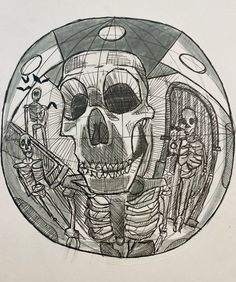 a black and white drawing of a skeleton in a glass bowl with two skeletons on it