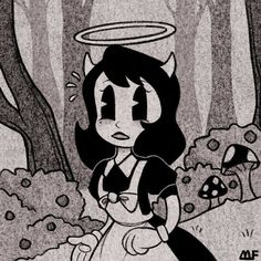 a drawing of a girl with an angel halo on her head in front of trees and mushrooms