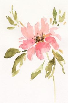 a watercolor painting of a pink flower with green leaves