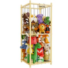 a cage filled with lots of different stuffed animals in it's display case on a white background