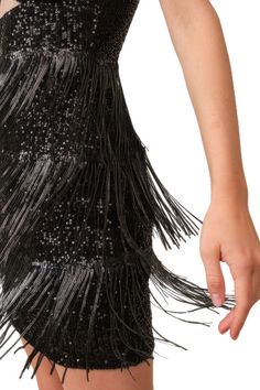 Black fringe sequin bra top bodycon dress in polyester for party wear Cocktail Sequin Mini Dress With Beaded Fringe, Black Sequin Tassle Dress, Sequin Bra Top, V-neck Fringe Mini Dress For Night Out, Black Beaded Fringe Summer Dress, Sequin Embellished Party-ready Bodycon Dress, Sequin Bra, Luxurious Dresses, Statement Dress