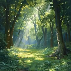 a painting of sunlight shining through the trees in a forest with green grass and ferns