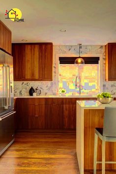 a modern kitchen with wooden cabinets and stainless steel appliances