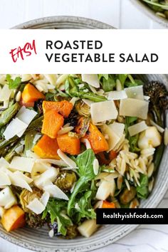 Roasted vegetable salad with butternut squash, brussel sprouts, orzo, baby broccoli and apples Butternut Squash Brussel Sprouts, Baby Broccoli, Autumn Salad Recipes, Roasted Vegetable Salad, Make Ahead Salads, Fall Salad, Vegetable Salad Recipes, Squash Vegetable, Easy Salad