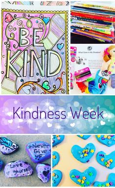 a collage of pictures with the words kindness week written in different colors and shapes