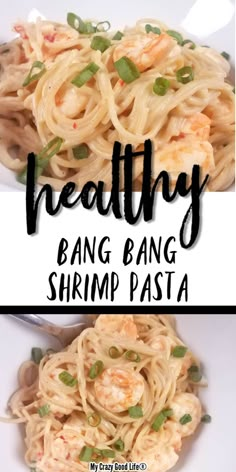 two pictures with different types of food and words that say weight watchers bang bang shrimp pasta