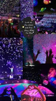 the collage shows many different images with people dancing and confetti falling in the air