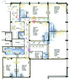 the floor plan for an apartment with two floors and three rooms, all in different colors