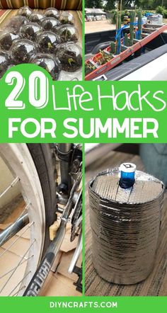 the words 20 life hacks for summer are shown above images of bicycles and other things