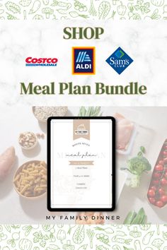 the meal plan bundle is on display in front of an image of vegetables and meats