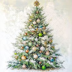 a painting of a christmas tree with ornaments