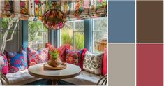 the interior of a living room with colorful pillows