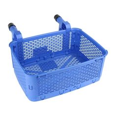 a blue plastic basket with two handles