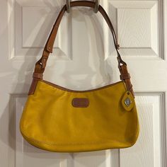 Never Used Beautiful Yellow Color Adjustable Shoulder Strap Length 13” Depth 7” Yellow Textured Leather Shoulder Bag For Daily Use, Casual Yellow Leather Satchel, Yellow Orange, Orange Yellow, Yellow Color, Pebbled Leather, Size 13, Leather Bag, Shoulder Strap