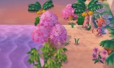 an animated image of a beach with flowers and trees in the foreground, along with other cartoon characters