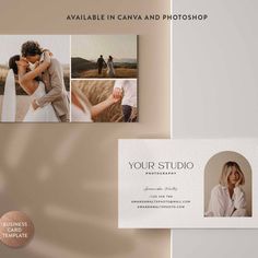 the wedding photography business card is designed to look like it has been made with photoshopped