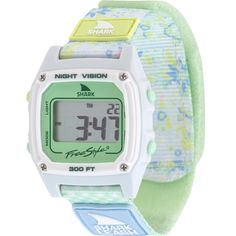 Introducing the Boho Lime Shark Watch from our Hippie Chic collection – a groovy tribute to 60s bikini patterns. Embrace retro vibes with lime and light blue hues, secured by a stylish Leash closure inspired by vintage surf tethers. Water-resistant up to 100 meters, this watch is packed with essential digital features for endless summer days. Whether tracking time, setting alarms, or lighting up your beach bashes, this blast from the past is backed by a limited lifetime warranty. Dive into waves Cute Digital Watch, Summer Watches, Shark Watch, Surf Watch, Freestyle Watch, Watch Safes, Vintage Surf, Birthday Wishlist, Hippie Chic