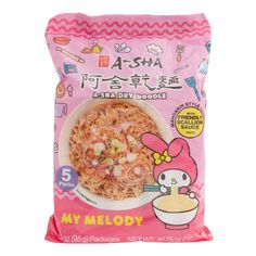 hello kitty ramen noodles with chopsticks and vegetables in a pink bag on a white background