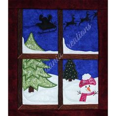 a snowman is looking out the window at christmas trees and sleighs